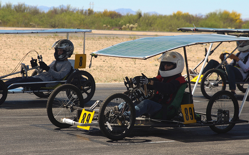 Students brought their solar-powered go-karts to a track in Tucson to do practce runs and safety checks to prepare for the race in late April. (Photo by Erica Apodaca/Cronkite News)