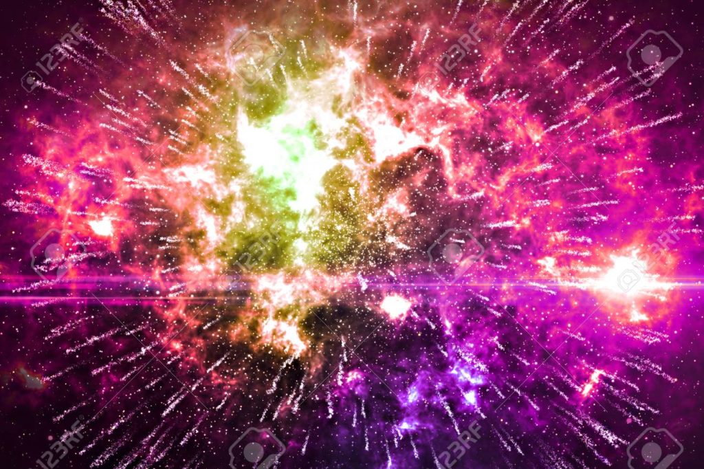 Abstract glowing space firework background. Elements of this image furnished by NASA. 3D Rendering