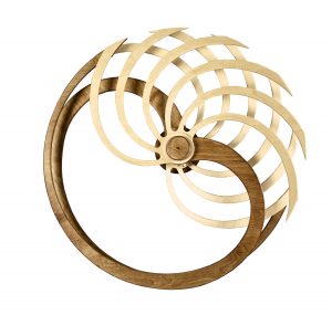 Wooden kinetic sculpture in circular form with rounded wooden blades