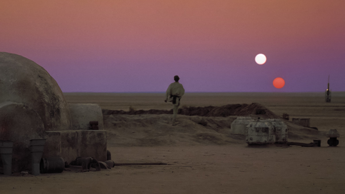 Binary Sunset with Luke Skywalker on Tatooine. This is one of the most famous scenes of Star Wars: A New Hope.