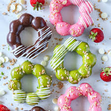 matcha, chocolate, and strawberry glazed mochi doughnuts!